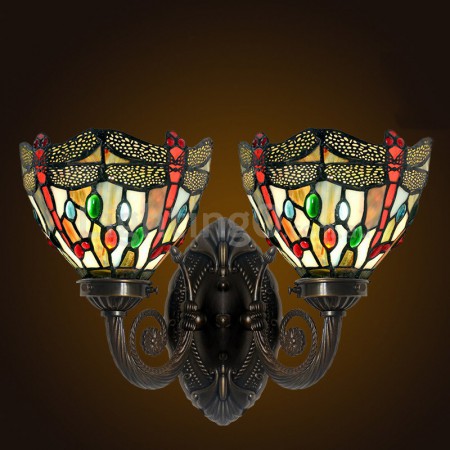 Retro 2 Light Dragonfly Stained Glass Wall light