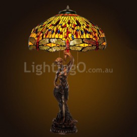 20 Inch Retro Dragonfly Brass Stained Glass Table Lamp