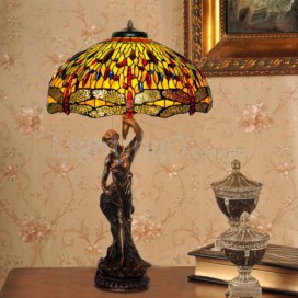 20 Inch Retro Dragonfly Brass Stained Glass Table Lamp