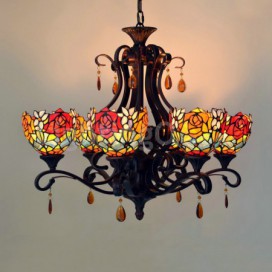 Chandelier Rose 6 Light Stained Glass Chandelier