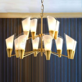 12 Light Retro Rustic Luxury Brass Chandelier with Glass Shade