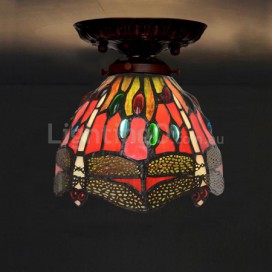 7 Inch Retro Dragonfly Stained Glass Flush Mount