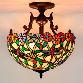 16 Inch Rustic Dragonfly Stained Glass Pendant Light