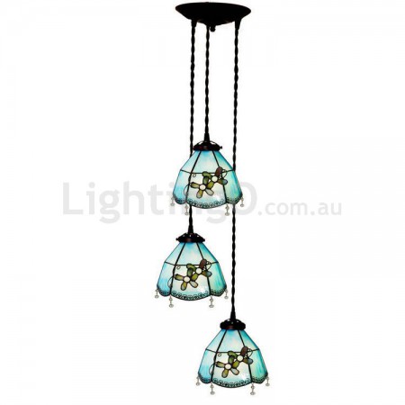 3 Light Mediterranean Style Stained Glass Pendant Light